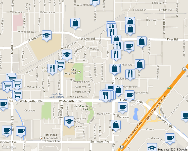map of restaurants, bars, coffee shops, grocery stores, and more near 3202 South Timber Street in Santa Ana