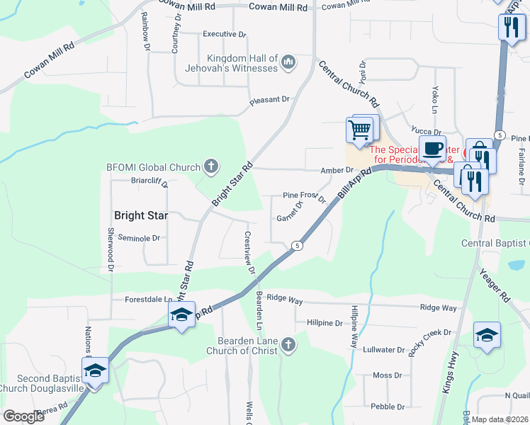 map of restaurants, bars, coffee shops, grocery stores, and more near 3761 Burnt Orange Drive in Douglasville