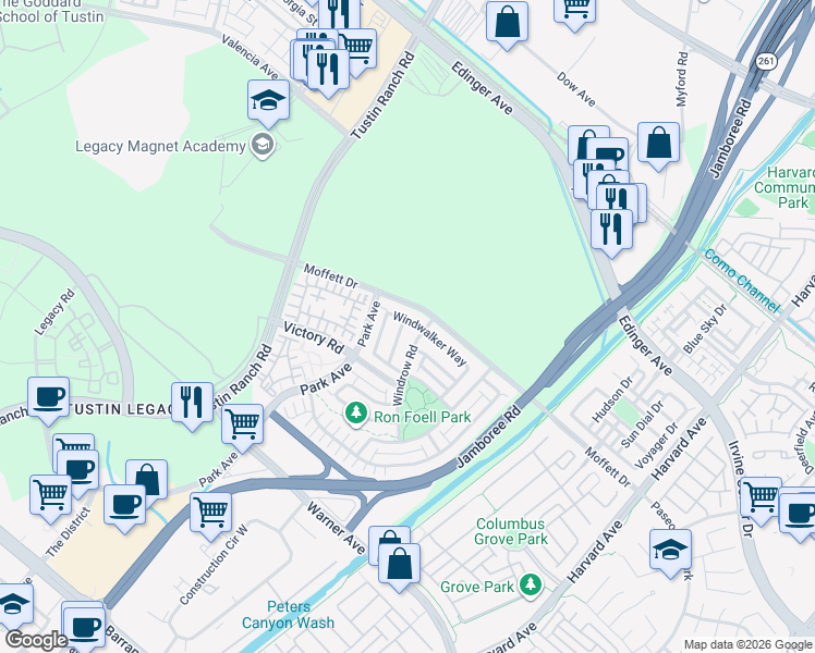 map of restaurants, bars, coffee shops, grocery stores, and more near 9 Meadow Place in Tustin
