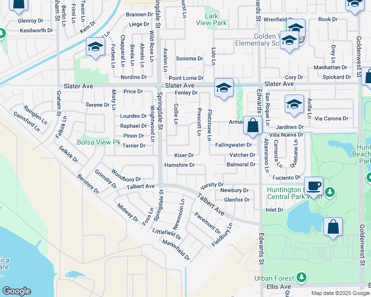 map of restaurants, bars, coffee shops, grocery stores, and more near 6122 Wintergreen Drive in Huntington Beach
