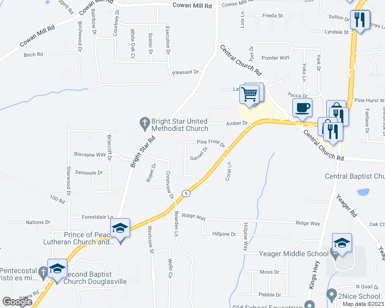 map of restaurants, bars, coffee shops, grocery stores, and more near 6360 Garnet Drive in Douglasville