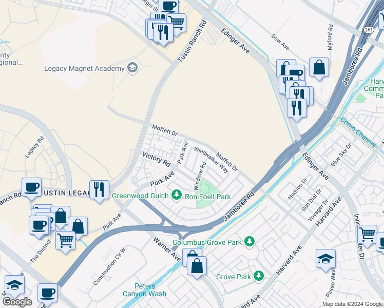 map of restaurants, bars, coffee shops, grocery stores, and more near 11 Lancea Place in Tustin