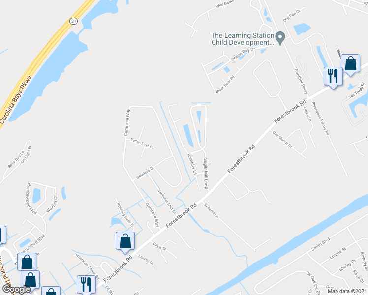 map of restaurants, bars, coffee shops, grocery stores, and more near Rambler Court in Myrtle Beach