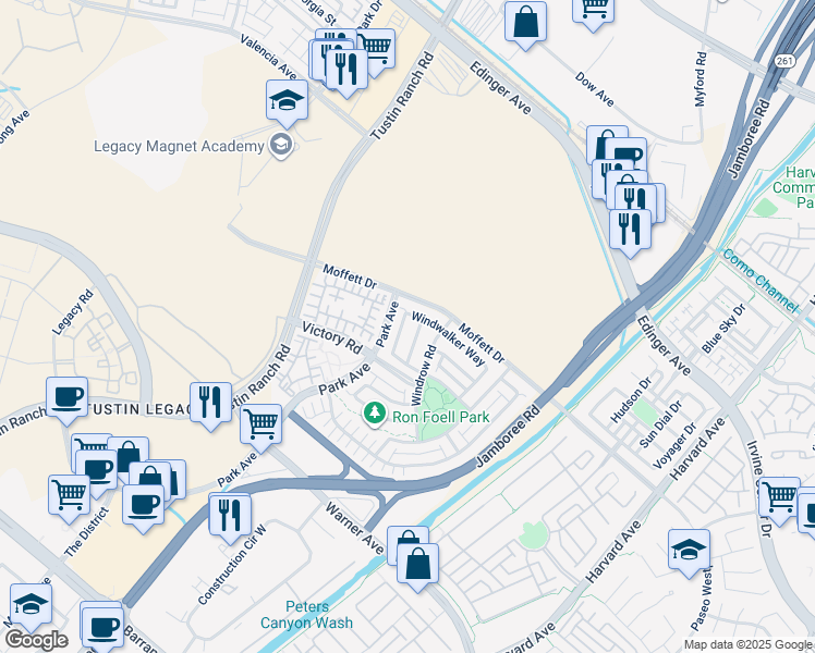 map of restaurants, bars, coffee shops, grocery stores, and more near 11 Lancea Place in Tustin