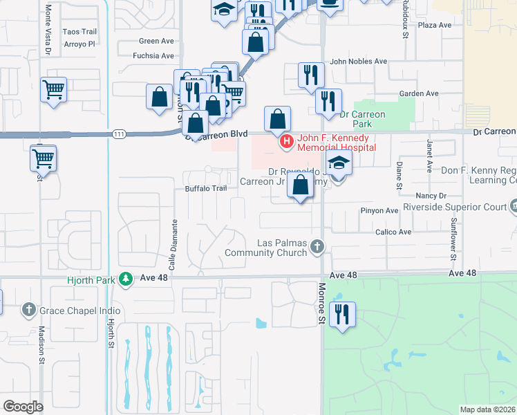 map of restaurants, bars, coffee shops, grocery stores, and more near 81790 Arus Avenue in Indio