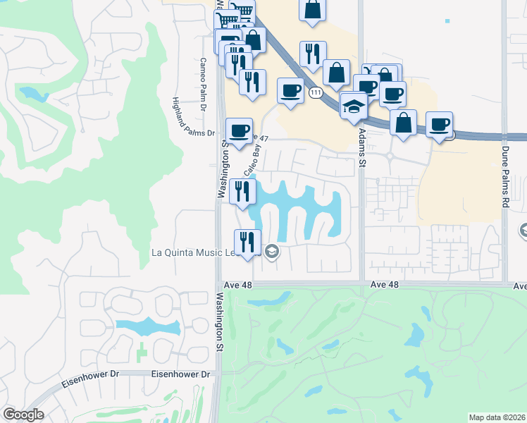 map of restaurants, bars, coffee shops, grocery stores, and more near 47525 Vía Montana in La Quinta