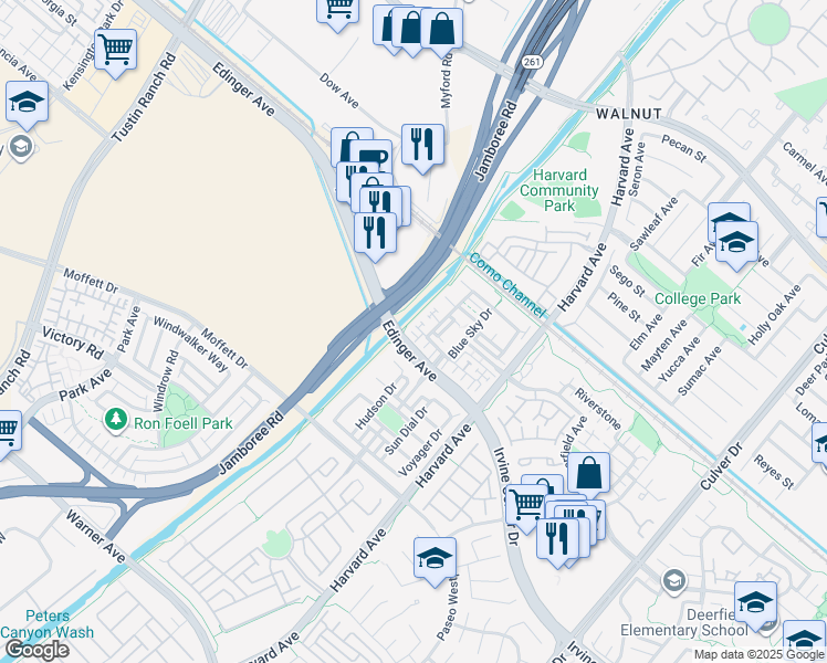 map of restaurants, bars, coffee shops, grocery stores, and more near 29 Look Out Lane in Tustin