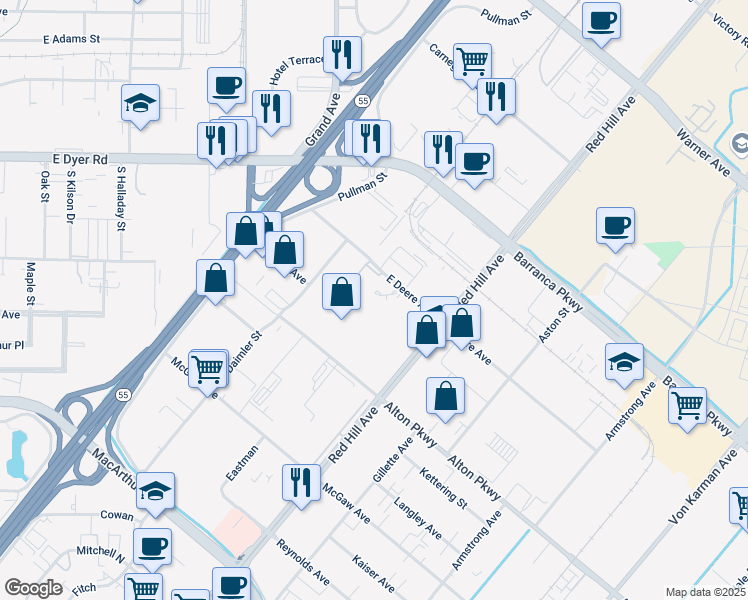 map of restaurants, bars, coffee shops, grocery stores, and more near 1940 East Deere Avenue in Santa Ana