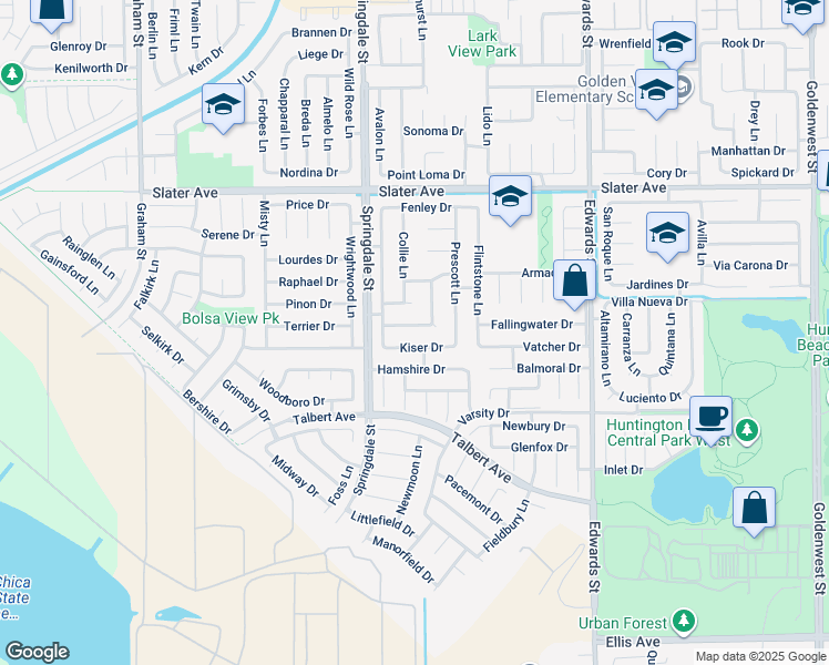 map of restaurants, bars, coffee shops, grocery stores, and more near 6122 Wintergreen Drive in Huntington Beach