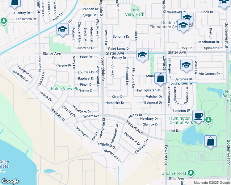 map of restaurants, bars, coffee shops, grocery stores, and more near 6122 Wintergreen Drive in Huntington Beach