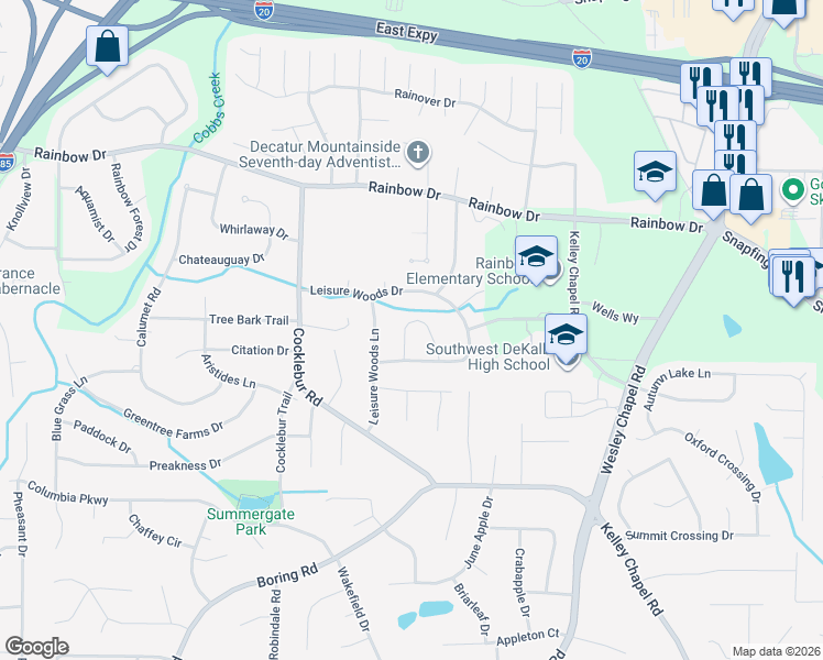 map of restaurants, bars, coffee shops, grocery stores, and more near 2857 Leisure Springs Circle in Decatur