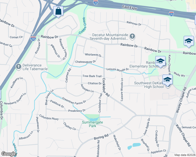map of restaurants, bars, coffee shops, grocery stores, and more near 3783 Tree Bark Trail in Decatur