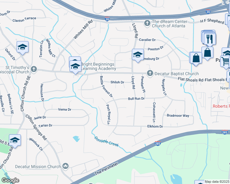 map of restaurants, bars, coffee shops, grocery stores, and more near 2835 Petersburg Court in Decatur