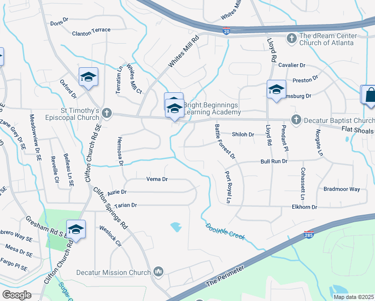map of restaurants, bars, coffee shops, grocery stores, and more near 2379 Manassas Lane in Decatur