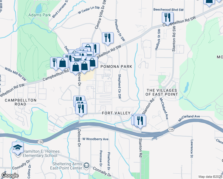 map of restaurants, bars, coffee shops, grocery stores, and more near 1877 Plaza Lane Southwest in Atlanta