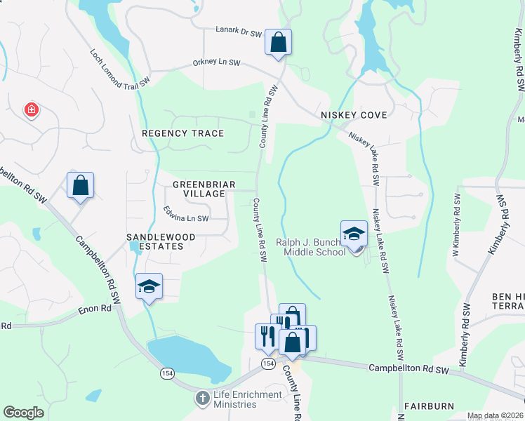 map of restaurants, bars, coffee shops, grocery stores, and more near 1891 County Line Road Southwest in Atlanta