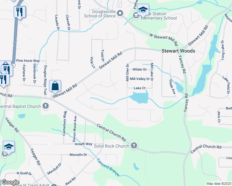 map of restaurants, bars, coffee shops, grocery stores, and more near 3747 Junior Lane in Douglasville