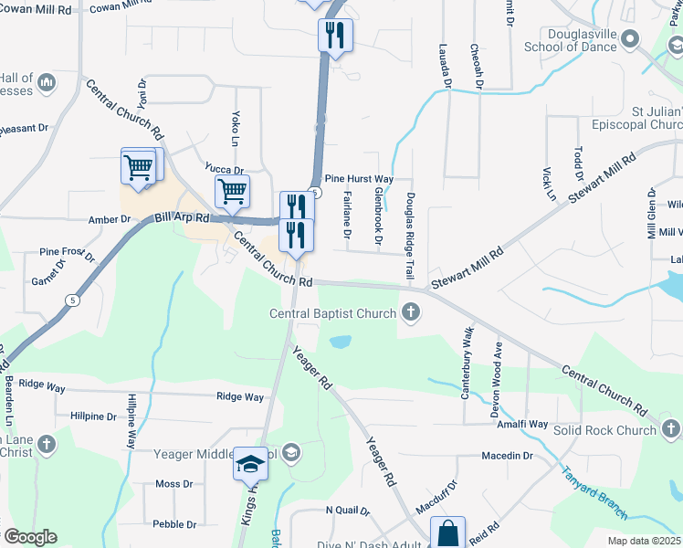 map of restaurants, bars, coffee shops, grocery stores, and more near 5924 Central Church Road in Douglasville