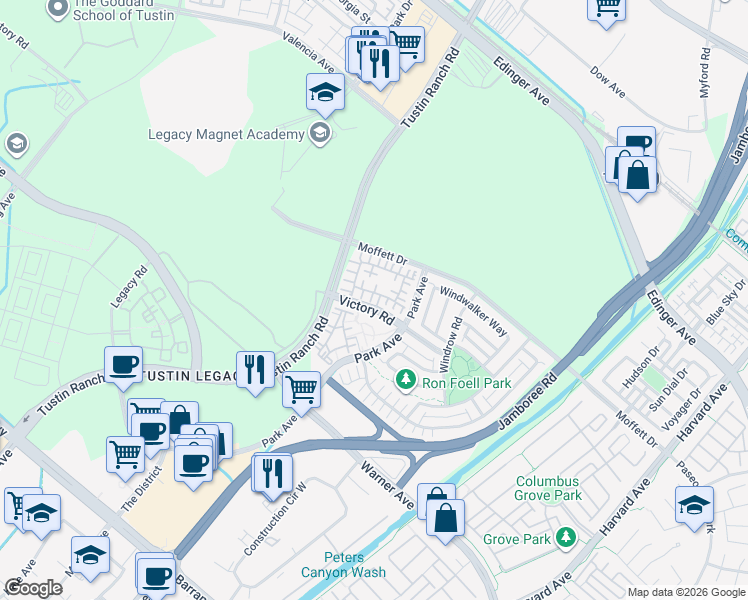 map of restaurants, bars, coffee shops, grocery stores, and more near 4 Transport in Tustin