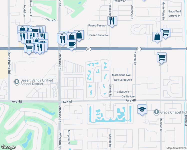 map of restaurants, bars, coffee shops, grocery stores, and more near Birdie Lane in Indio