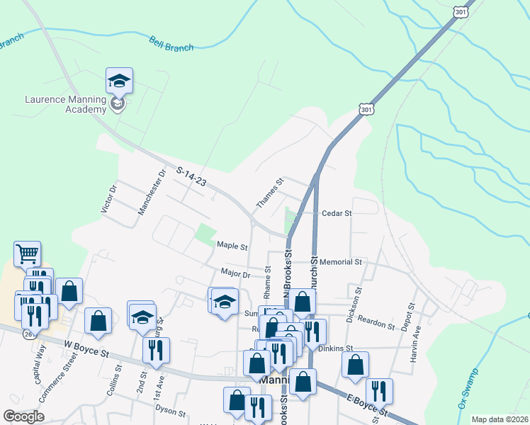 map of restaurants, bars, coffee shops, grocery stores, and more near 15 Old Georgetown Road in Manning