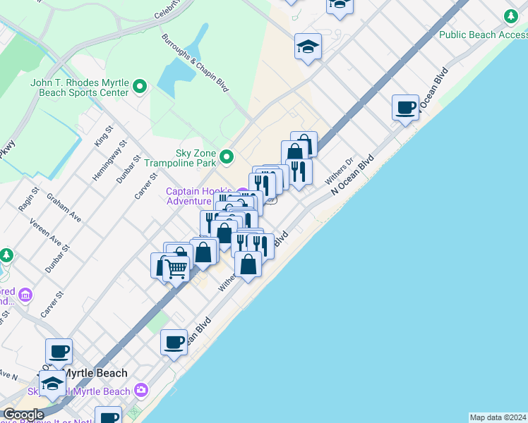 map of restaurants, bars, coffee shops, grocery stores, and more near 2300 North Kings Highway in Myrtle Beach