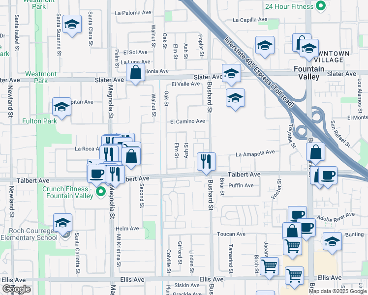 map of restaurants, bars, coffee shops, grocery stores, and more near 17861 Ash Street in Fountain Valley