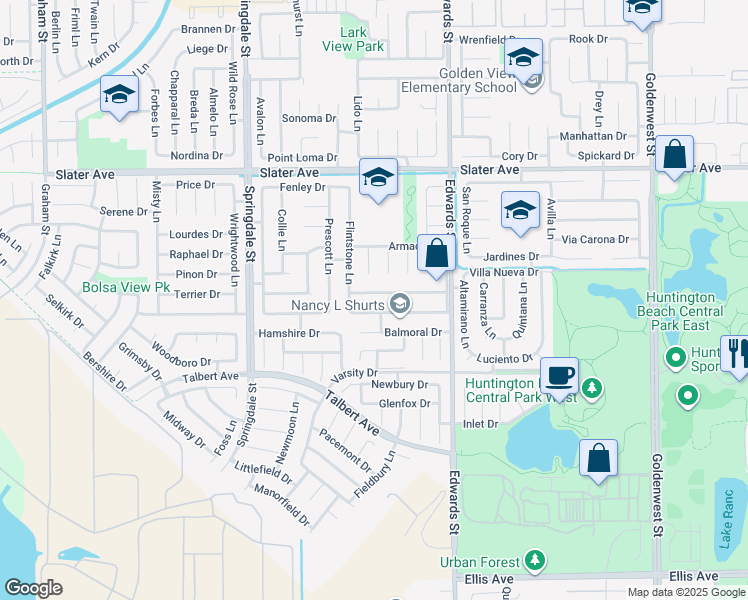 map of restaurants, bars, coffee shops, grocery stores, and more near 6292 Fallingwater Drive in Huntington Beach