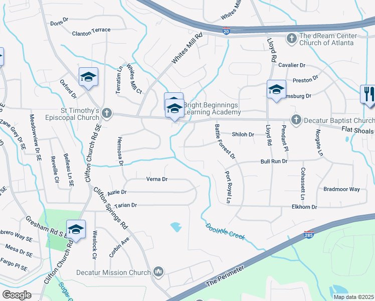 map of restaurants, bars, coffee shops, grocery stores, and more near 2379 Manassas Lane in Decatur