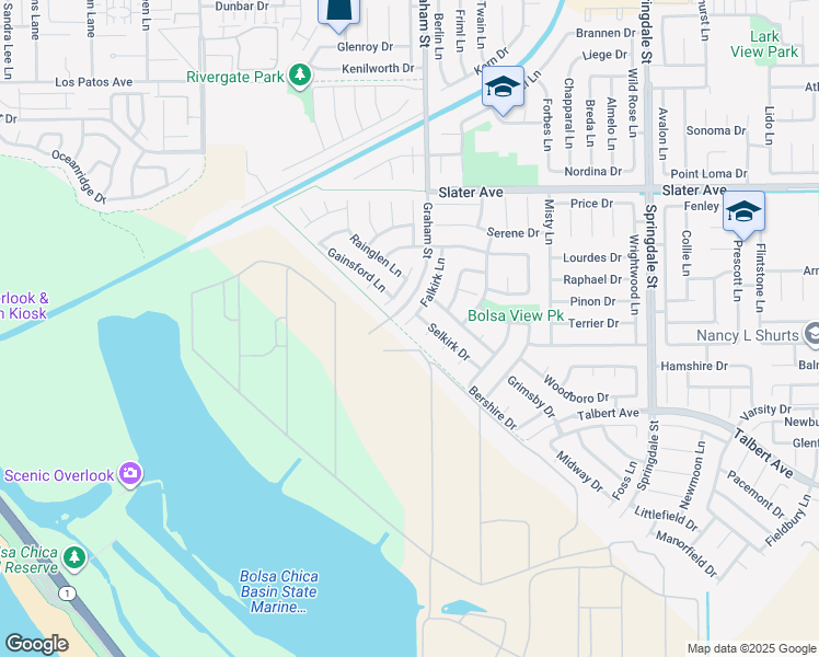 map of restaurants, bars, coffee shops, grocery stores, and more near 17822 Falkirk Lane in Huntington Beach
