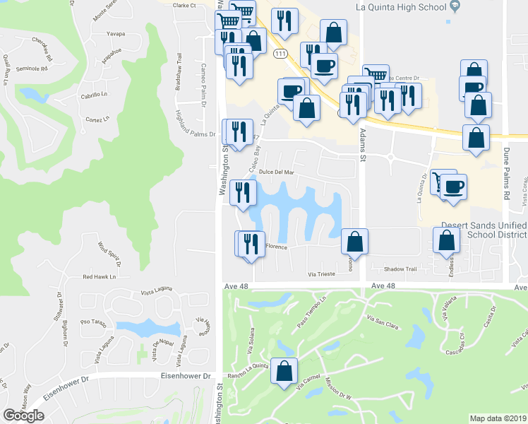 map of restaurants, bars, coffee shops, grocery stores, and more near 47525 Vía Montana in La Quinta