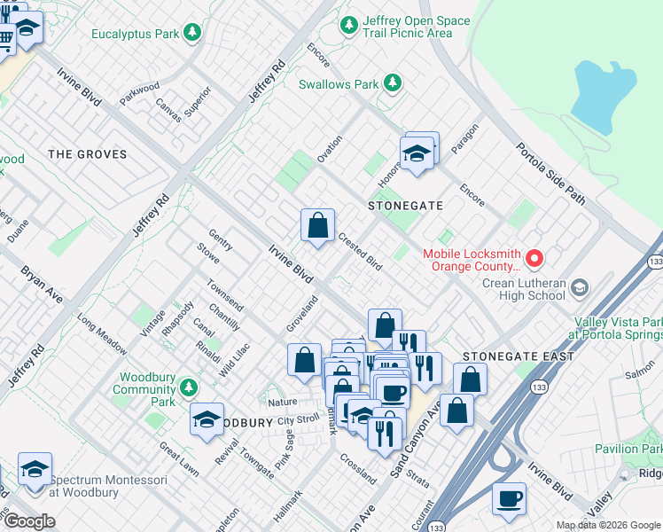 map of restaurants, bars, coffee shops, grocery stores, and more near 100 Kempton in Irvine