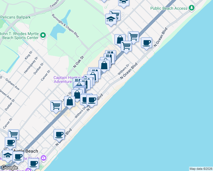 map of restaurants, bars, coffee shops, grocery stores, and more near 2313 Withers Drive in Myrtle Beach