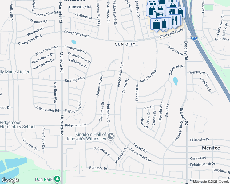 map of restaurants, bars, coffee shops, grocery stores, and more near 28743 Carmel Road in Menifee