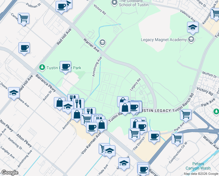 map of restaurants, bars, coffee shops, grocery stores, and more near 16238 Veterans Way in Tustin