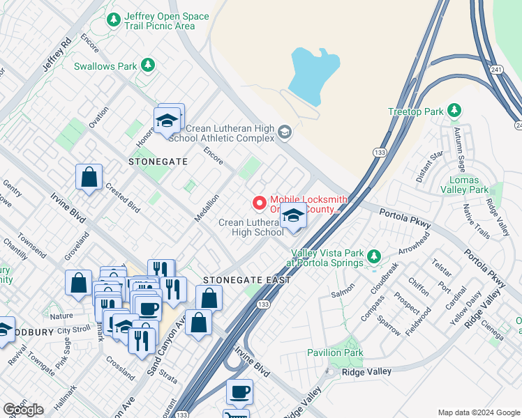 map of restaurants, bars, coffee shops, grocery stores, and more near 41 Somerton in Irvine