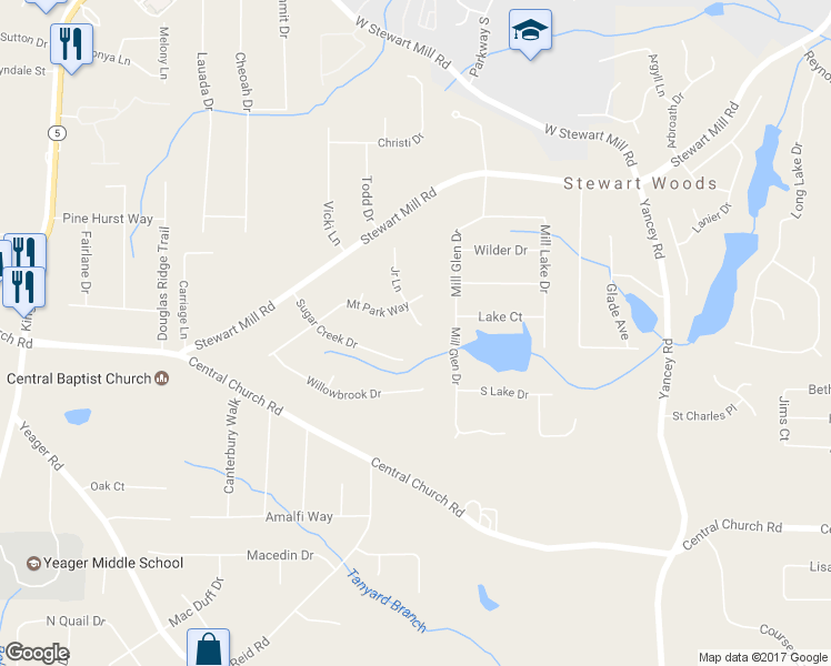 map of restaurants, bars, coffee shops, grocery stores, and more near 3747 Junior Lane in Douglasville