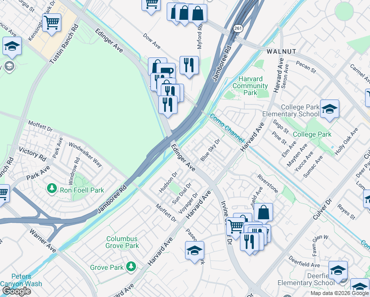 map of restaurants, bars, coffee shops, grocery stores, and more near 31 Look Out Lane in Tustin
