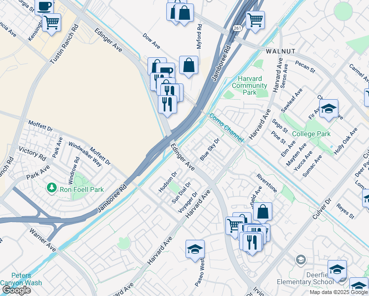 map of restaurants, bars, coffee shops, grocery stores, and more near 29 Look Out Lane in Tustin