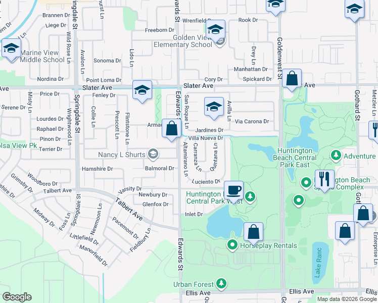 map of restaurants, bars, coffee shops, grocery stores, and more near 17811 Carranza Lane in Huntington Beach