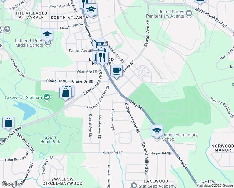 map of restaurants, bars, coffee shops, grocery stores, and more near 1847 Jonesboro Road Southeast in Atlanta