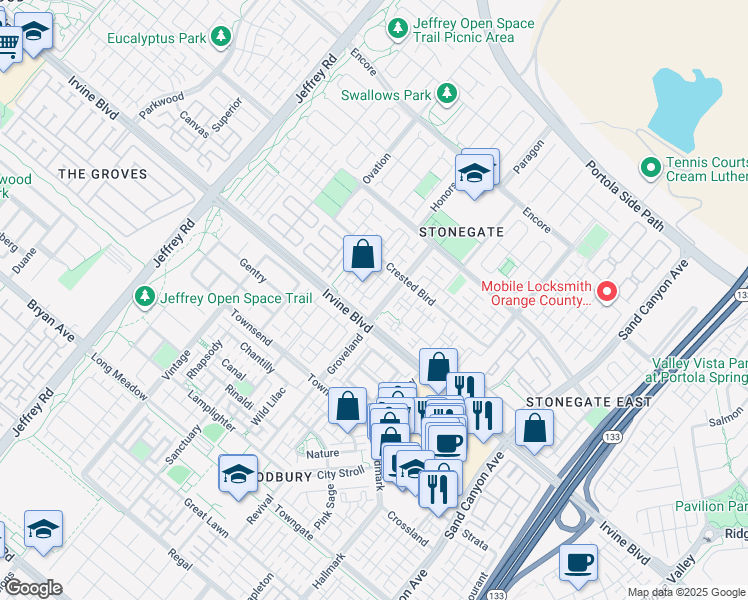 map of restaurants, bars, coffee shops, grocery stores, and more near 102 Kempton in Irvine
