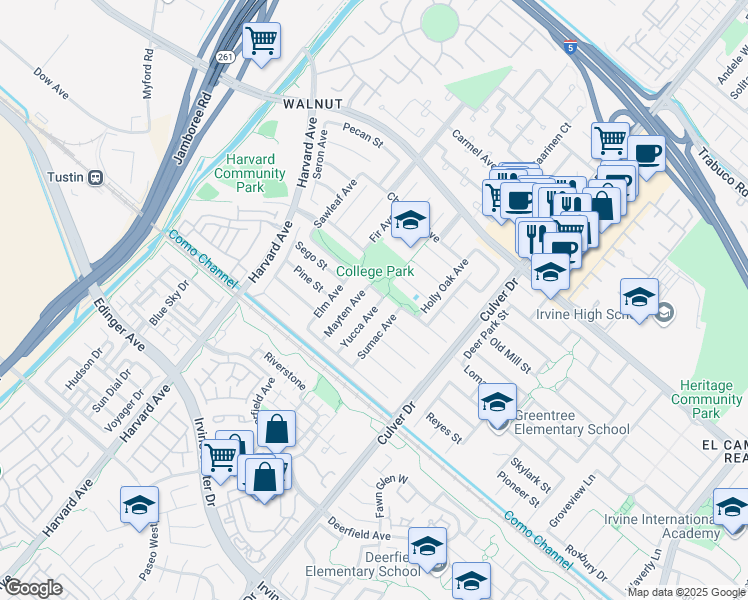 map of restaurants, bars, coffee shops, grocery stores, and more near 14801 Yucca Avenue in Irvine