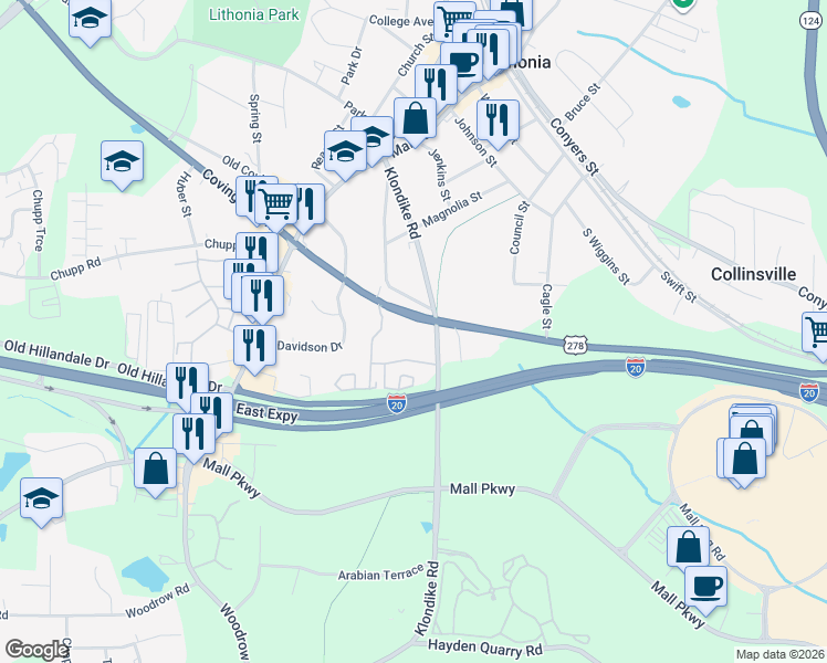 map of restaurants, bars, coffee shops, grocery stores, and more near 7693 Covington Highway in Lithonia
