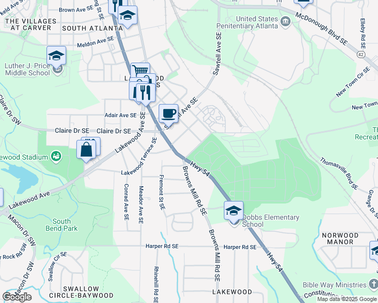 map of restaurants, bars, coffee shops, grocery stores, and more near 330 Schoen Street Southeast in Atlanta