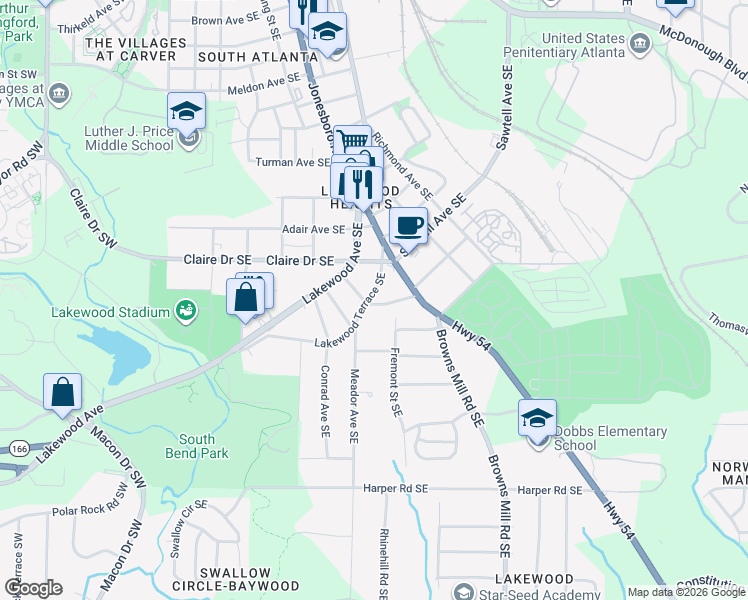 map of restaurants, bars, coffee shops, grocery stores, and more near 1842 Lakewood Terrace Southeast in Atlanta