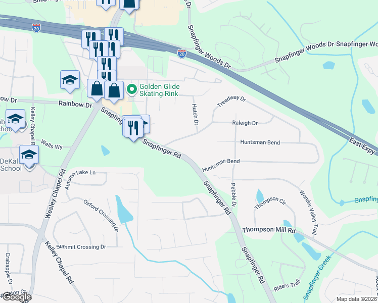 map of restaurants, bars, coffee shops, grocery stores, and more near 2672 Snapfinger Road in Decatur
