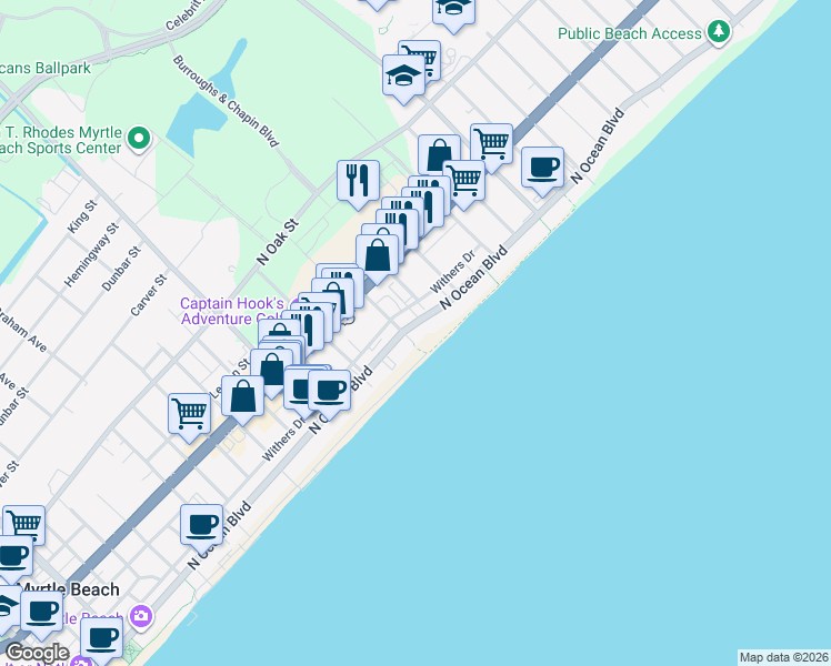 map of restaurants, bars, coffee shops, grocery stores, and more near 2400 North Ocean Boulevard in Myrtle Beach