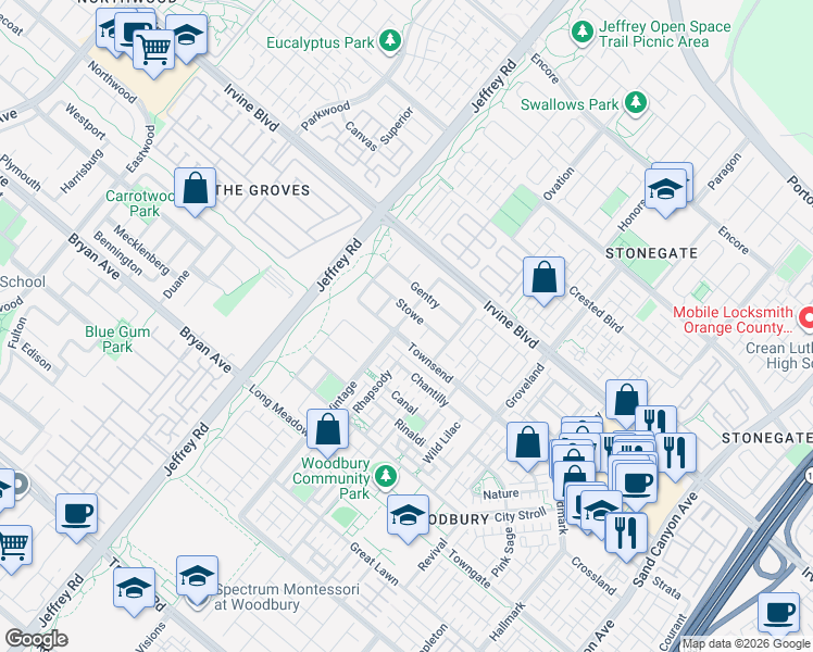 map of restaurants, bars, coffee shops, grocery stores, and more near 222 Vintage in Irvine