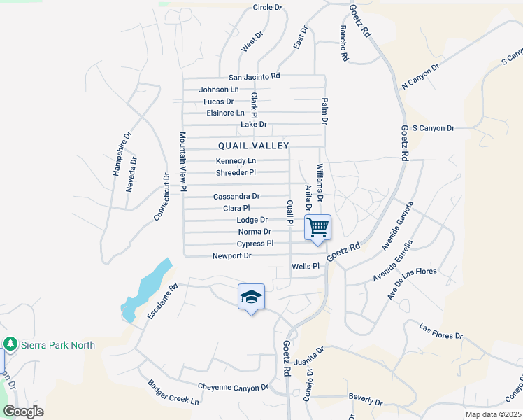 map of restaurants, bars, coffee shops, grocery stores, and more near Clara Place in Menifee